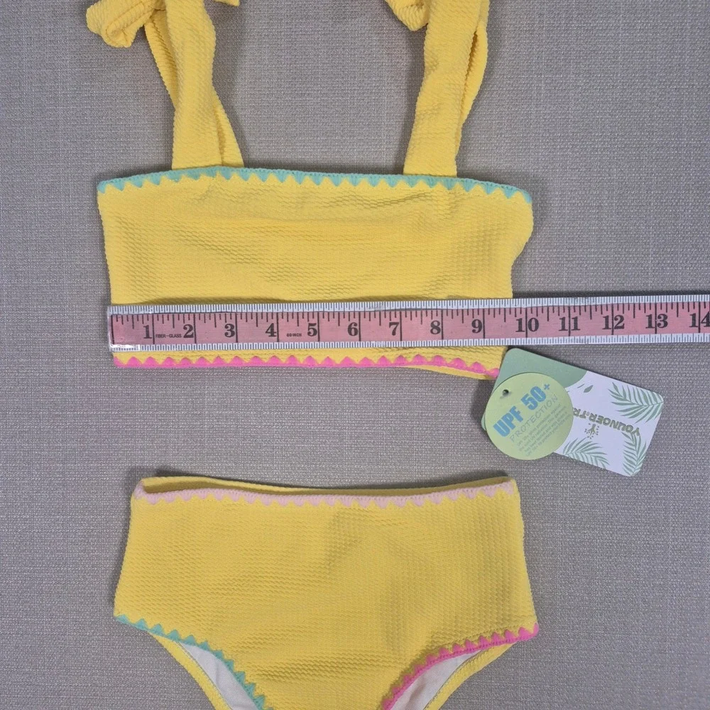 Younger Tree Kids Yellow Waffle Knit Ric Rac Two Piece Swimsuit UPF 50+ 5-6T